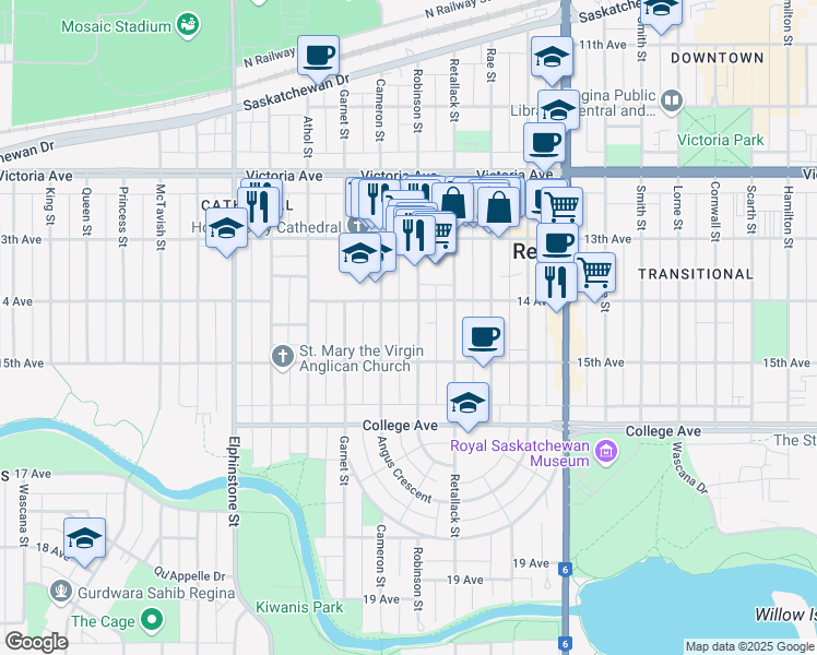 map of restaurants, bars, coffee shops, grocery stores, and more near in Regina