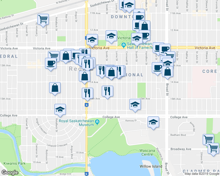 map of restaurants, bars, coffee shops, grocery stores, and more near 2229 Smith Street in Regina