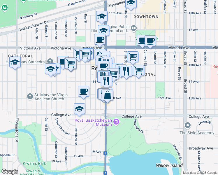 map of restaurants, bars, coffee shops, grocery stores, and more near 2231 Saskatchewan 6 in Regina