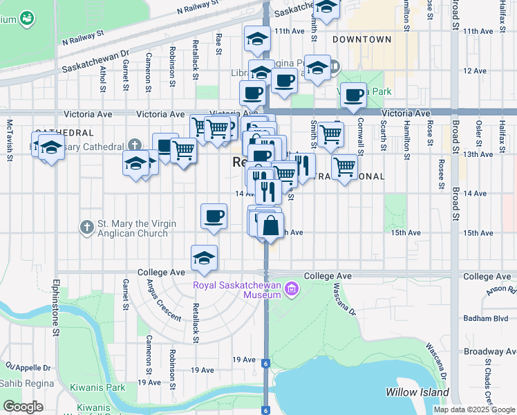 map of restaurants, bars, coffee shops, grocery stores, and more near 2211 Angus Street in Regina