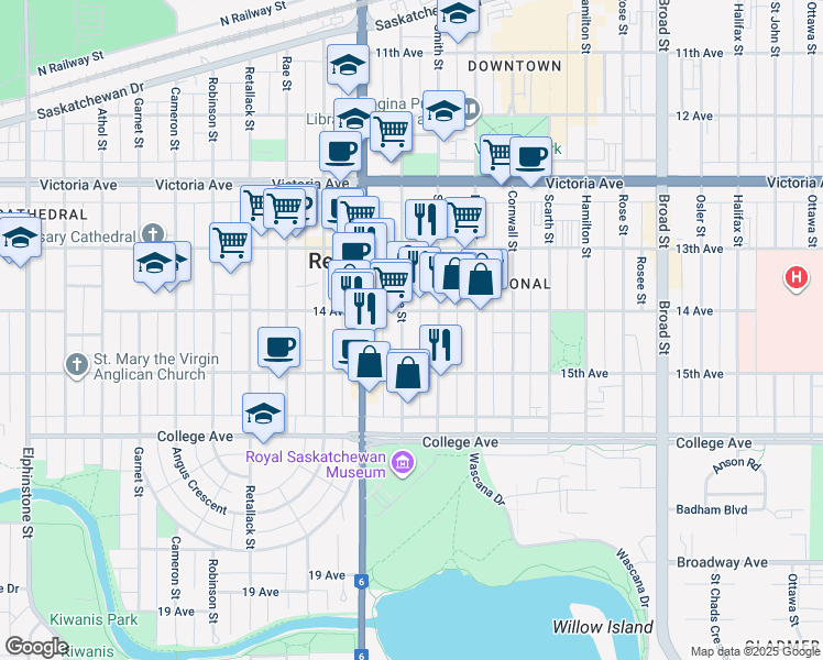 map of restaurants, bars, coffee shops, grocery stores, and more near 2223 McIntyre Street in Regina