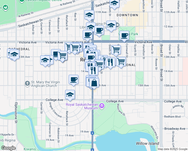 map of restaurants, bars, coffee shops, grocery stores, and more near 2231 Albert Street in Regina
