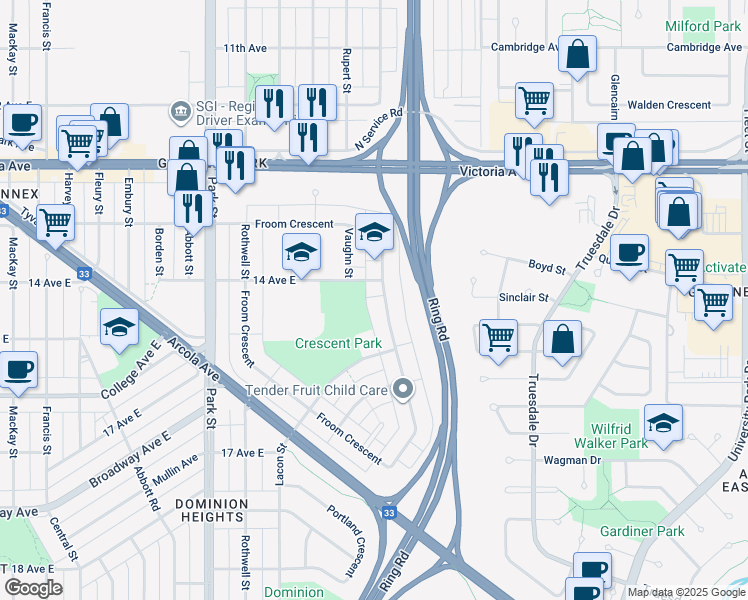 map of restaurants, bars, coffee shops, grocery stores, and more near 143 Froom Crescent in Regina