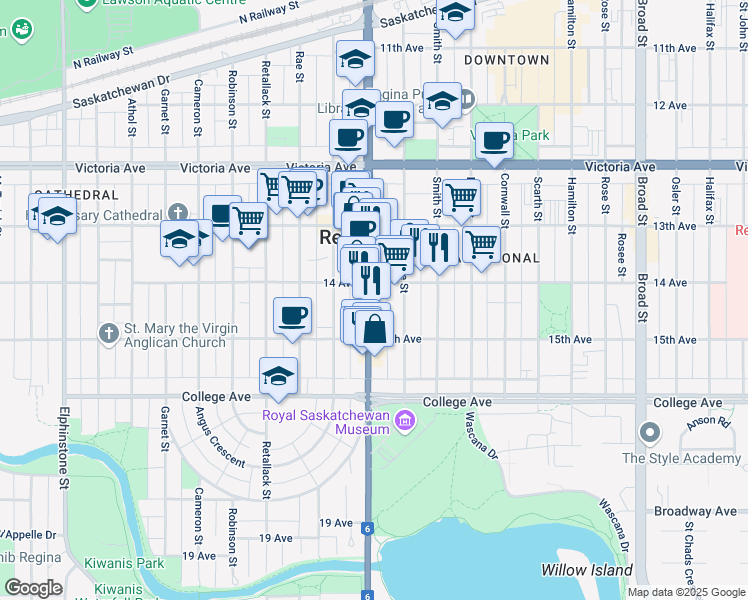 map of restaurants, bars, coffee shops, grocery stores, and more near 2231 Saskatchewan 6 in Regina