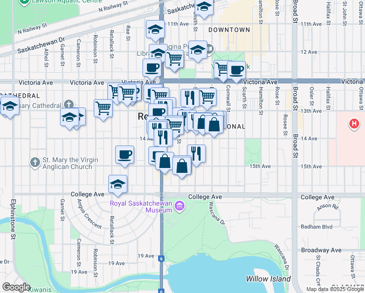 map of restaurants, bars, coffee shops, grocery stores, and more near 2223 McIntyre Street in Regina