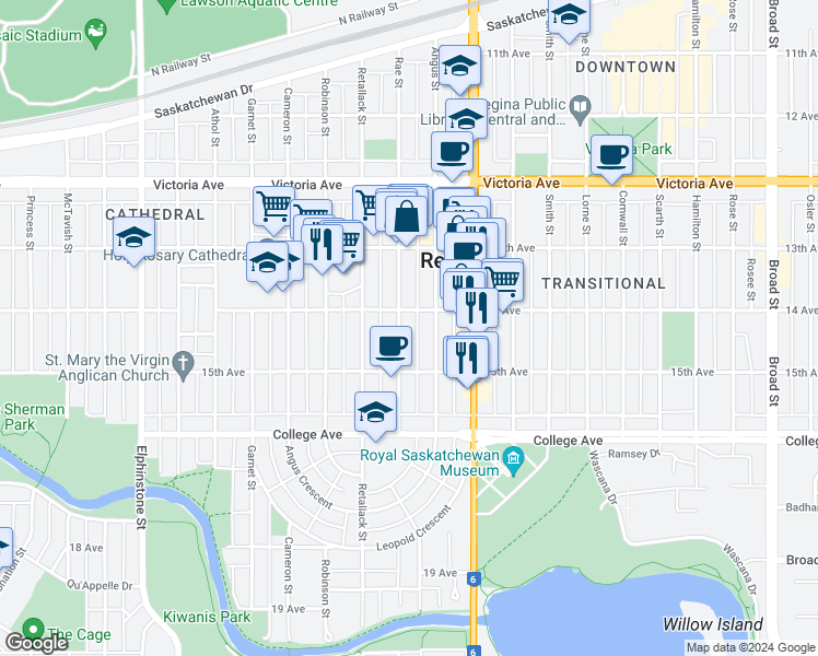 map of restaurants, bars, coffee shops, grocery stores, and more near 2223 Rae Street in Regina