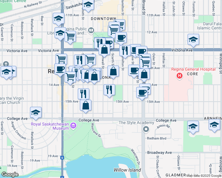 map of restaurants, bars, coffee shops, grocery stores, and more near 2208 Scarth St in Regina