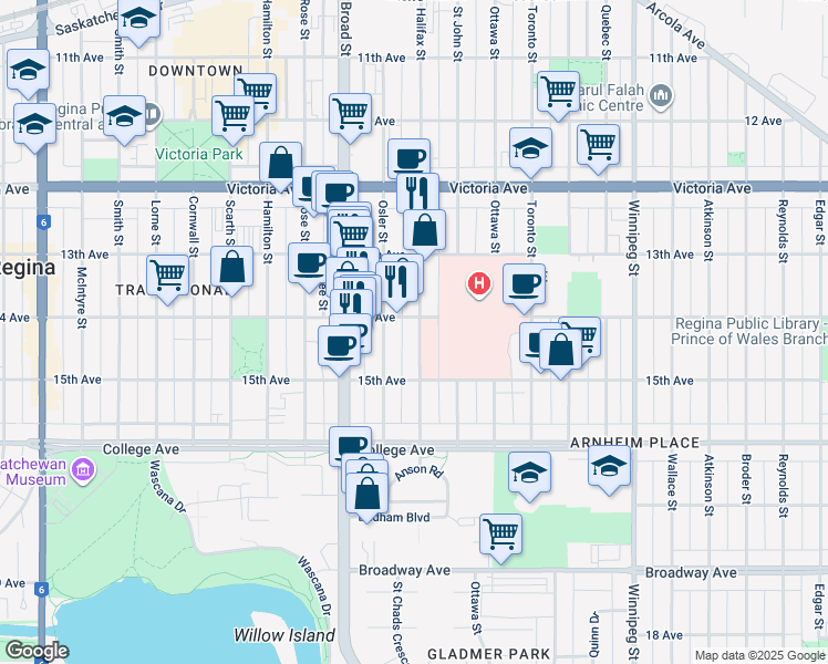 map of restaurants, bars, coffee shops, grocery stores, and more near 2218 Halifax Street in Regina