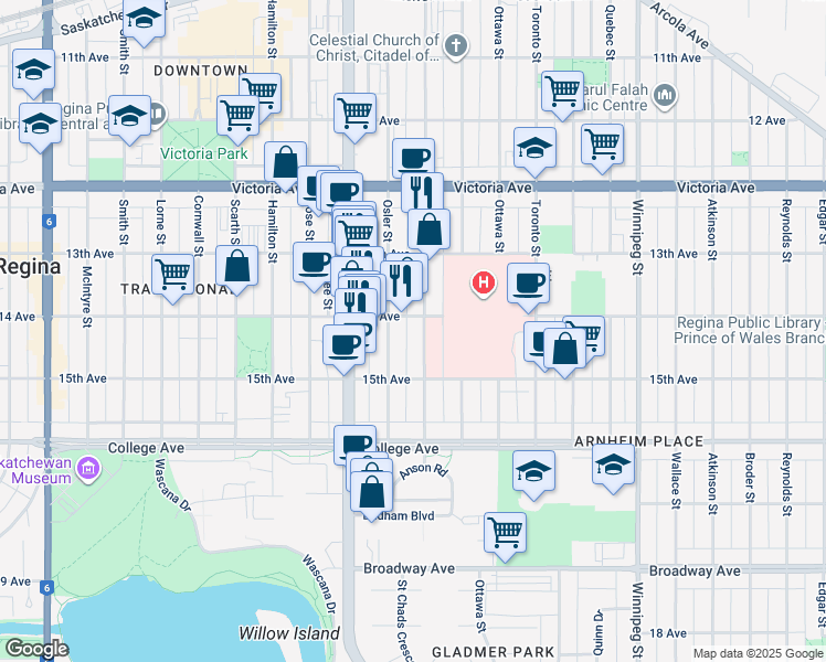 map of restaurants, bars, coffee shops, grocery stores, and more near 2218 Halifax Street in Regina