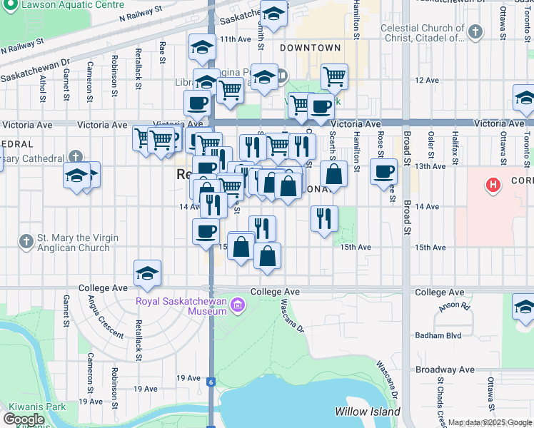 map of restaurants, bars, coffee shops, grocery stores, and more near 2229 Smith Street in Regina
