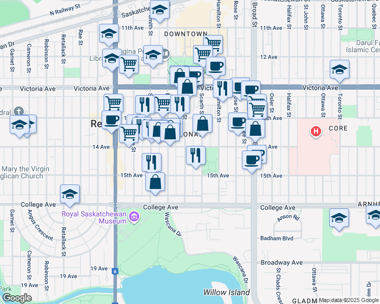 map of restaurants, bars, coffee shops, grocery stores, and more near 2208 Scarth Street in Regina