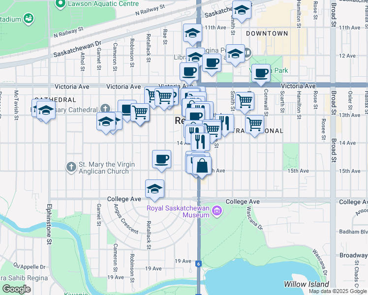map of restaurants, bars, coffee shops, grocery stores, and more near 2203 Angus Street in Regina