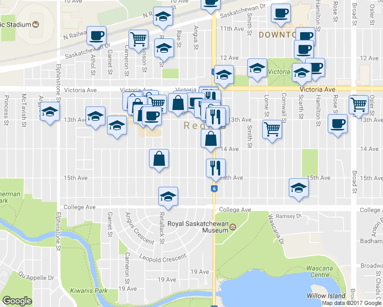 map of restaurants, bars, coffee shops, grocery stores, and more near 2223 Rae Street in Regina