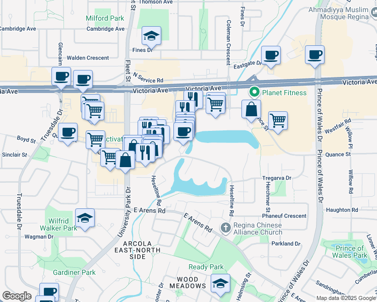 map of restaurants, bars, coffee shops, grocery stores, and more near 2001 Heseltine Road in Regina