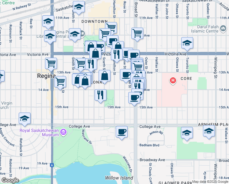 map of restaurants, bars, coffee shops, grocery stores, and more near 2200 Hamilton Street in Regina