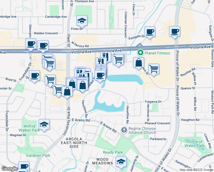 map of restaurants, bars, coffee shops, grocery stores, and more near 2001 Heseltine Road in Regina