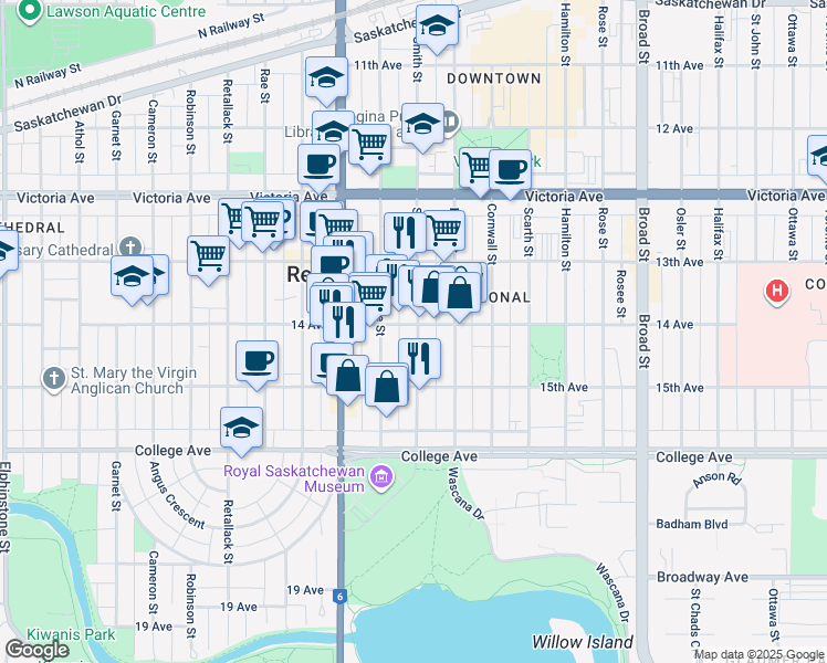 map of restaurants, bars, coffee shops, grocery stores, and more near 2223 McIntyre Street in Regina