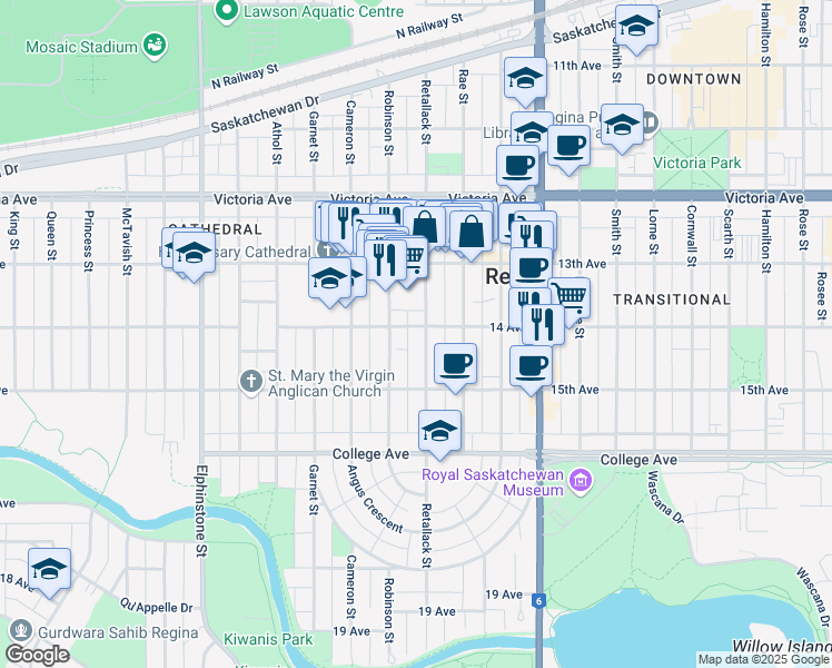 map of restaurants, bars, coffee shops, grocery stores, and more near 2221 Robinson Street in Regina