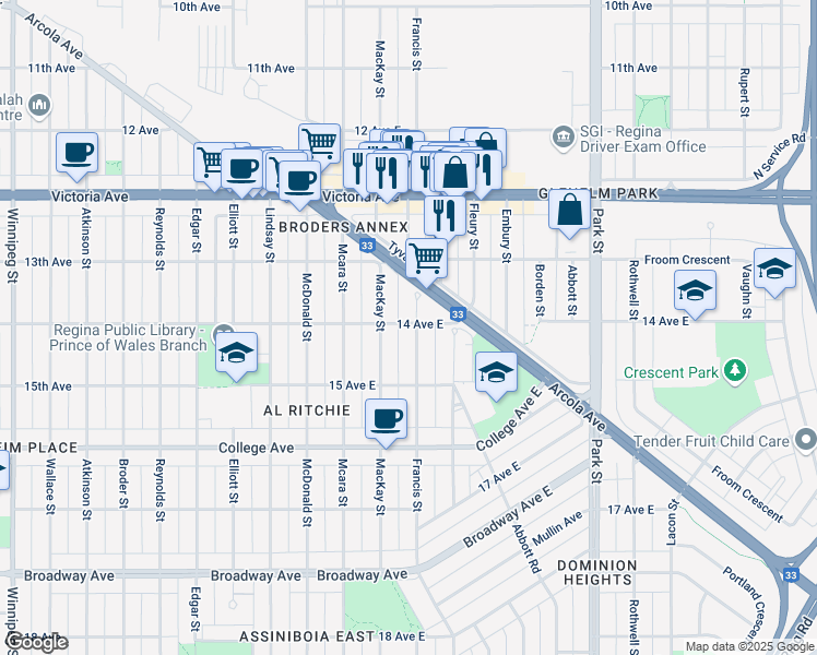 map of restaurants, bars, coffee shops, grocery stores, and more near 2200 Francis Street in Regina