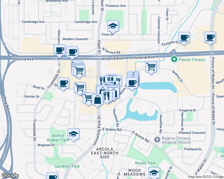 map of restaurants, bars, coffee shops, grocery stores, and more near 2534 Quance Street in Regina