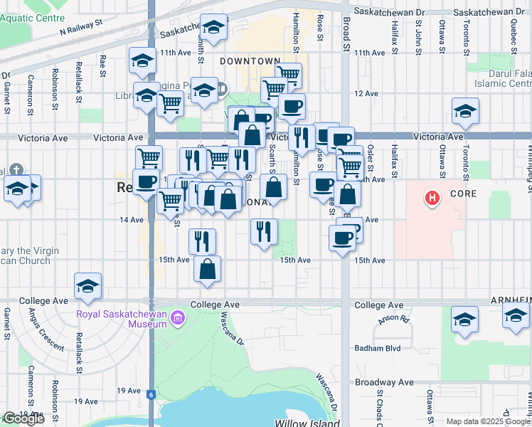 map of restaurants, bars, coffee shops, grocery stores, and more near 2208 Scarth Street in Regina