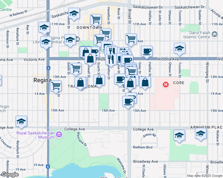 map of restaurants, bars, coffee shops, grocery stores, and more near 2126 Rose Street in Regina