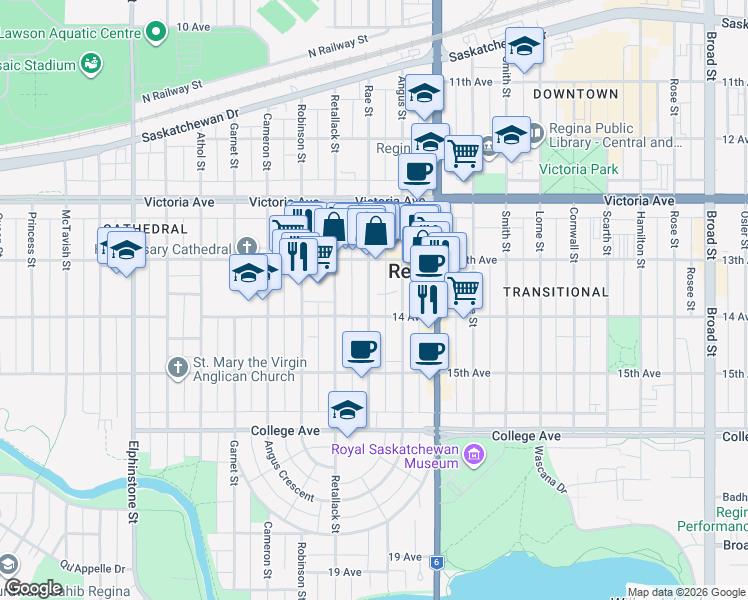 map of restaurants, bars, coffee shops, grocery stores, and more near 2127 Rae Street in Regina