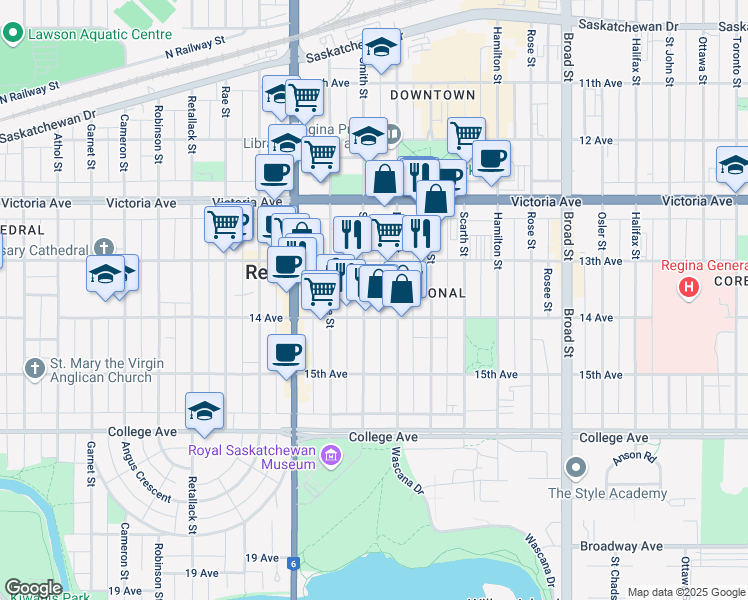 map of restaurants, bars, coffee shops, grocery stores, and more near 2153 Smith Street in Regina