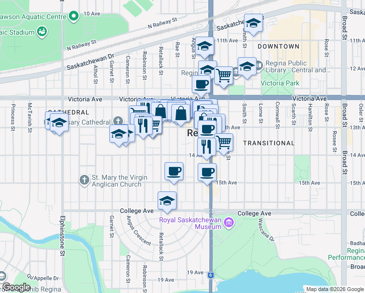 map of restaurants, bars, coffee shops, grocery stores, and more near 2127 Rae Street in Regina