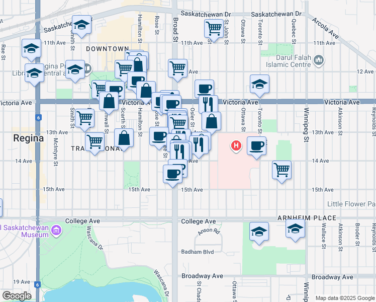 map of restaurants, bars, coffee shops, grocery stores, and more near 2112 Osler Street in Regina