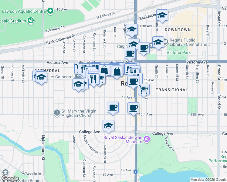 map of restaurants, bars, coffee shops, grocery stores, and more near in Regina