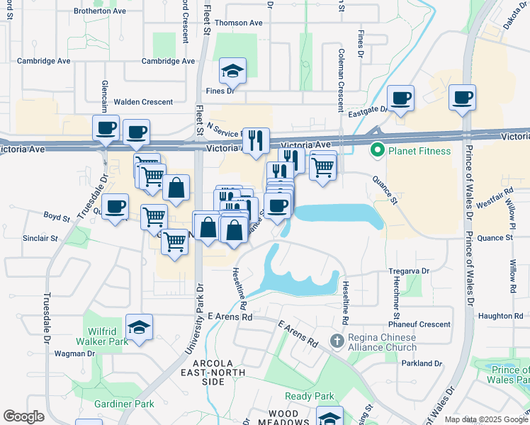 map of restaurants, bars, coffee shops, grocery stores, and more near 2721 Quance Street in Regina