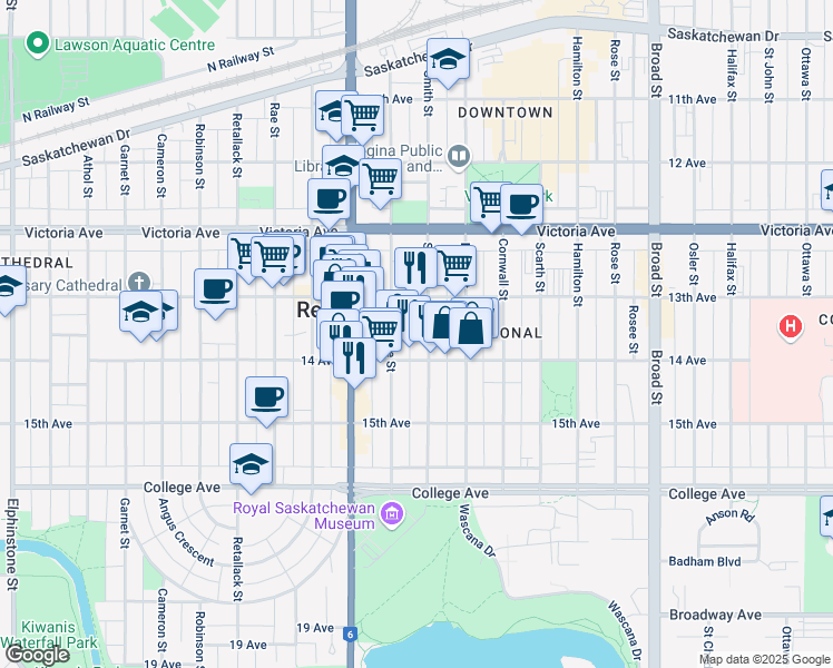 map of restaurants, bars, coffee shops, grocery stores, and more near 2150 Smith Street in Regina