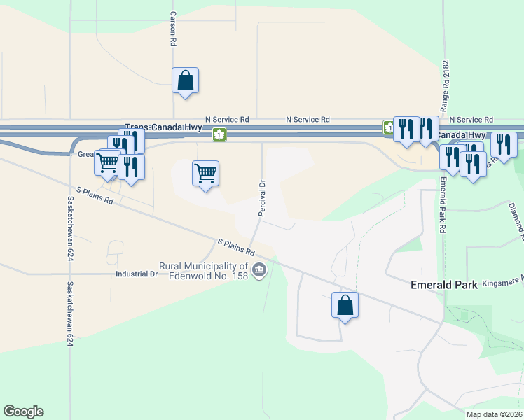 map of restaurants, bars, coffee shops, grocery stores, and more near Percival Drive in Emerald Park