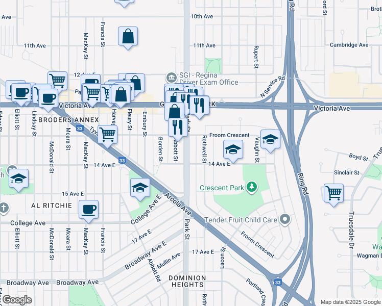 map of restaurants, bars, coffee shops, grocery stores, and more near 2151 Park Street in Regina