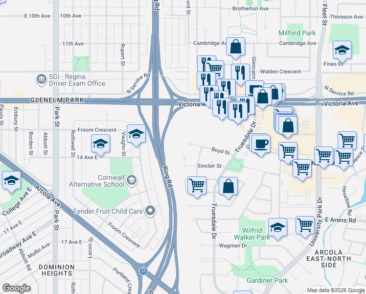 map of restaurants, bars, coffee shops, grocery stores, and more near 1638 Benson Bay in Regina