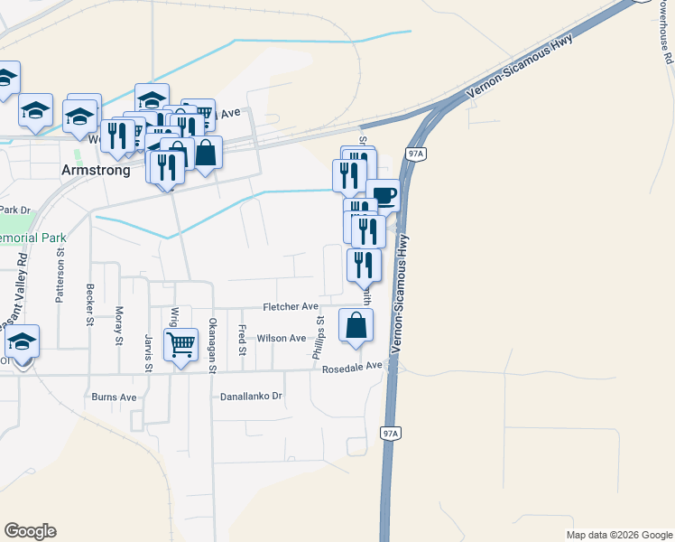 map of restaurants, bars, coffee shops, grocery stores, and more near 2180 Fletcher Avenue in Armstrong