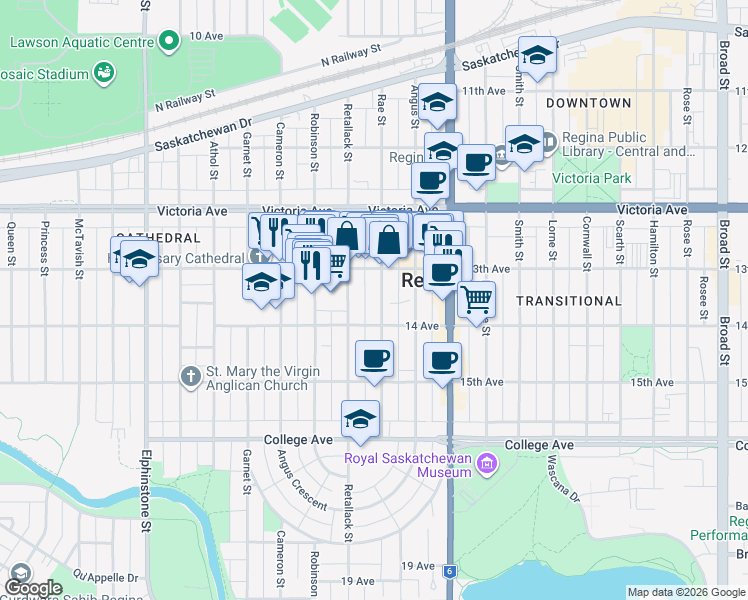 map of restaurants, bars, coffee shops, grocery stores, and more near in Regina