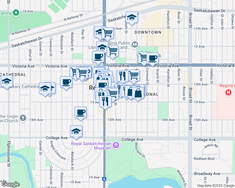 map of restaurants, bars, coffee shops, grocery stores, and more near 2141 McIntyre Street in Regina