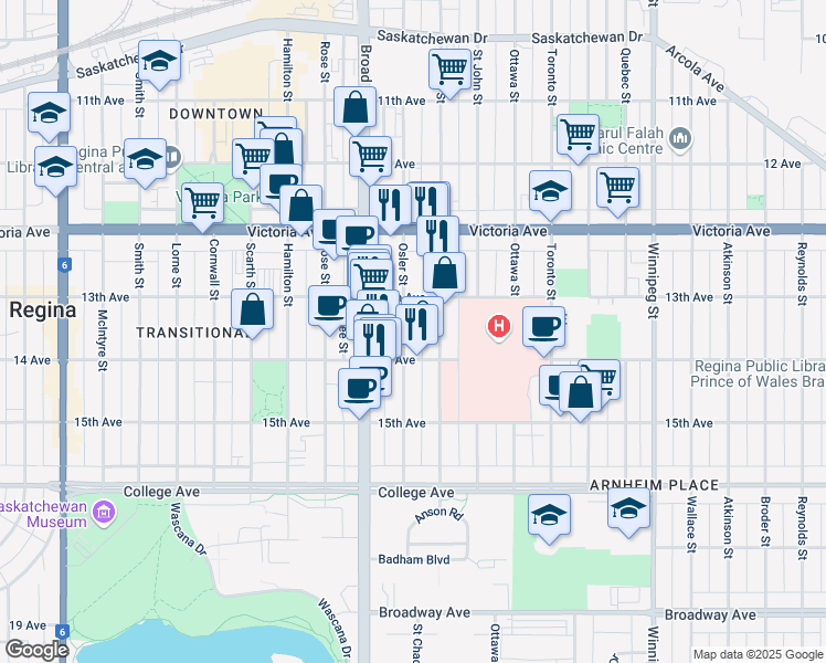 map of restaurants, bars, coffee shops, grocery stores, and more near 2126 Halifax Street in Regina