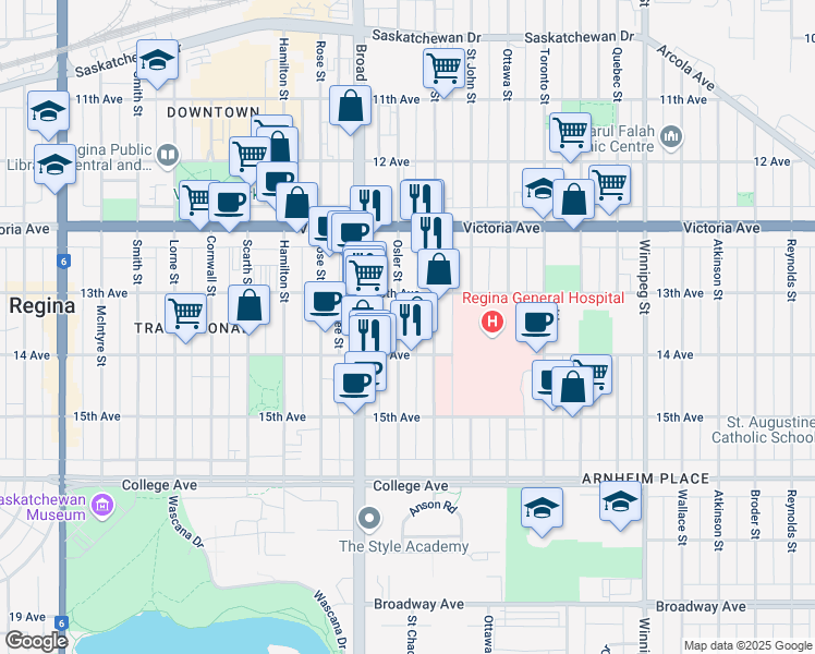 map of restaurants, bars, coffee shops, grocery stores, and more near 2125 Osler Street in Regina