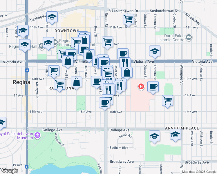 map of restaurants, bars, coffee shops, grocery stores, and more near 2112 Osler Street in Regina