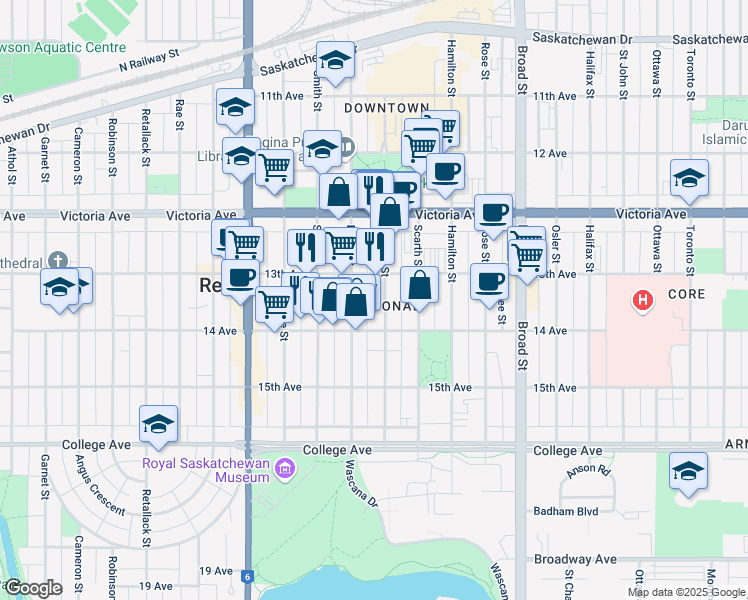 map of restaurants, bars, coffee shops, grocery stores, and more near 2120 Cornwall Street in Regina