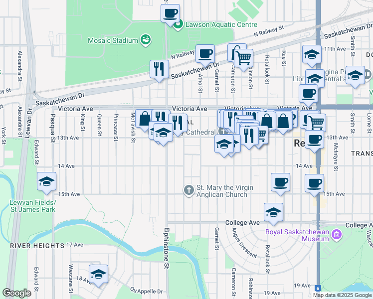 map of restaurants, bars, coffee shops, grocery stores, and more near 3334 Pike Avenue in Regina
