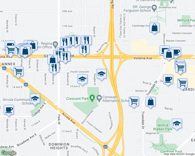 map of restaurants, bars, coffee shops, grocery stores, and more near 718 Vaughn Street in Regina