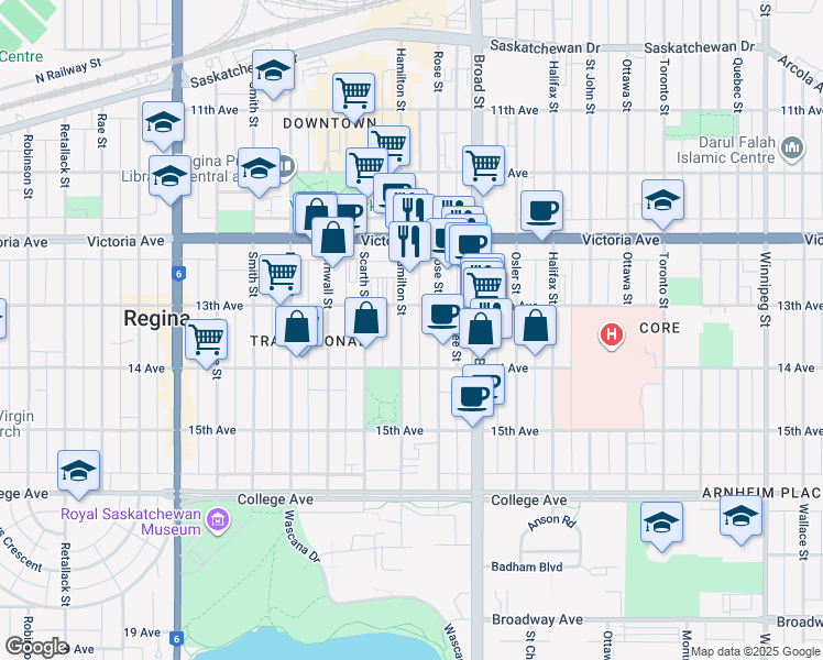 map of restaurants, bars, coffee shops, grocery stores, and more near 2126 Rose Street in Regina