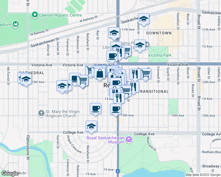 map of restaurants, bars, coffee shops, grocery stores, and more near in Regina