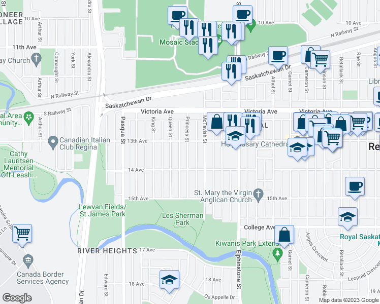 map of restaurants, bars, coffee shops, grocery stores, and more near 2129 Princess Street in Regina