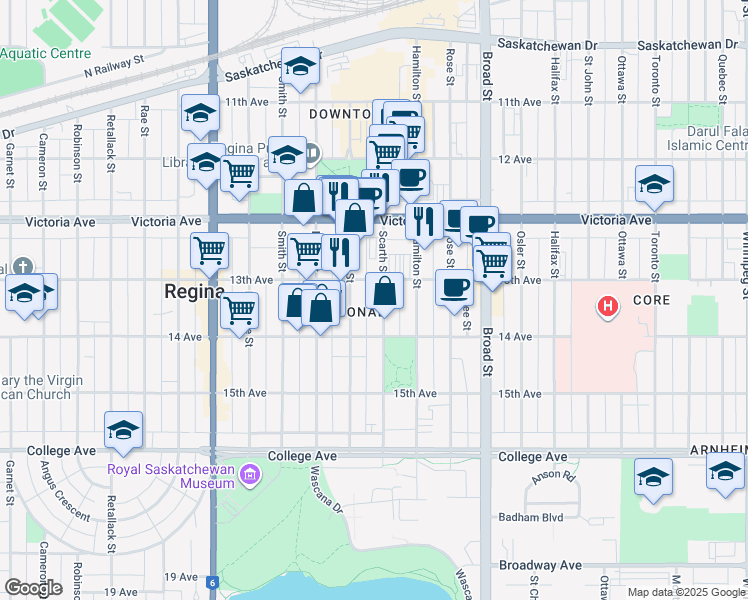 map of restaurants, bars, coffee shops, grocery stores, and more near 2130 Scarth Street in Regina