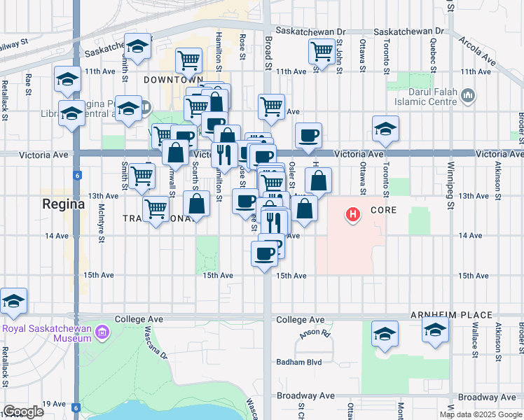 map of restaurants, bars, coffee shops, grocery stores, and more near 2124 Broad Street in Regina